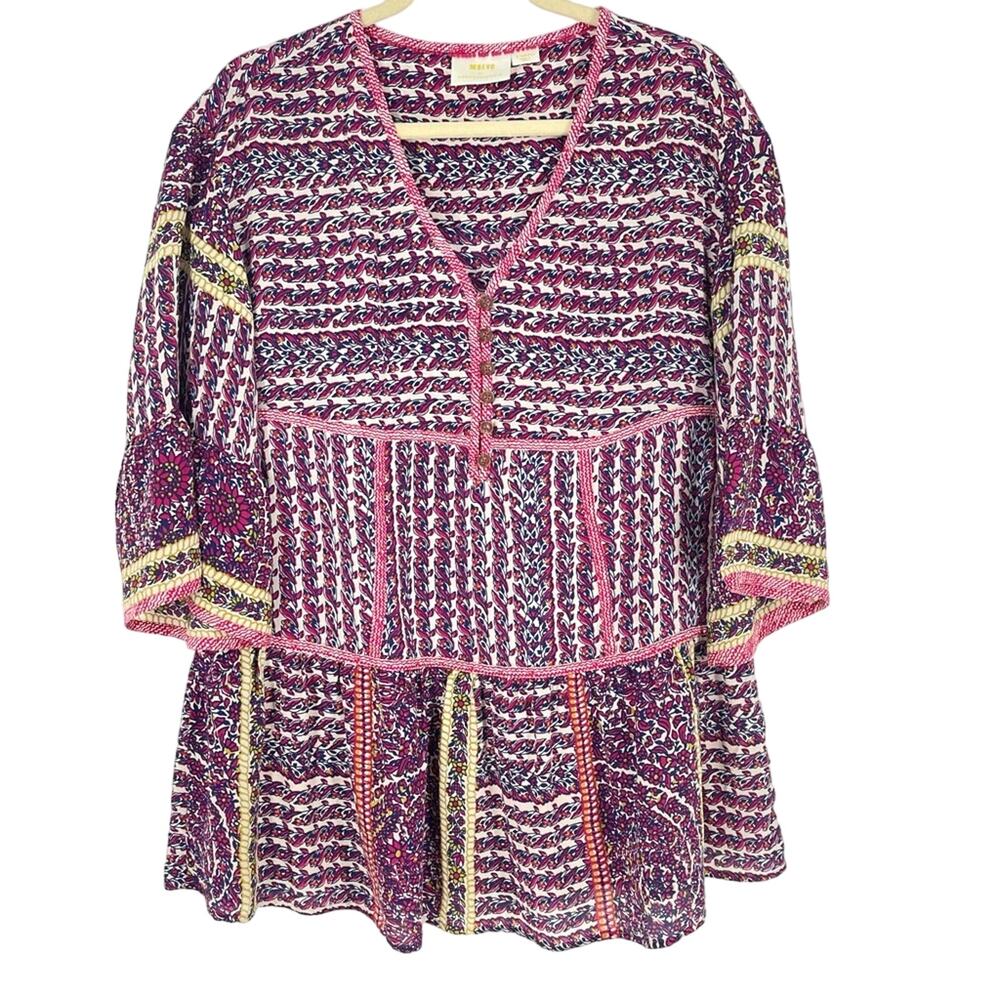 Anthropologie Maeve 100% Silk Blouse V-Neck Boho Floral Print Women’s Size XS